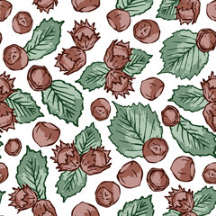 Seamless hazelnut vector pattern with leaves. Hand drawn sketch of nuts ideal for packaging and flyers.