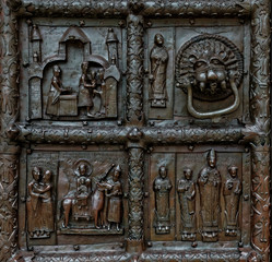 Close-up view of Magdeburg Gates of Sophia Cathedral, Veliky Novgorod, Russia