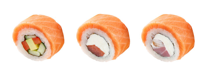 Classic sushi roll. Sushi on a white background. Japanese sushi seafood roll white background.