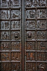 Close-up view of Magdeburg Gates of Sophia Cathedral, Veliky Novgorod, Russia