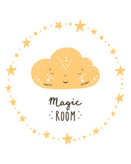 Magical Cute hand drawn nursery poster with cloud character and lettering in Scandinavian style. - 275134385