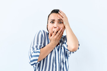 Horror,Fear,Shame and shy emotion. Portrait of Brunette against white background