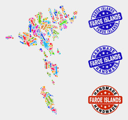 Vector handmade composition of Faroe Islands map and scratched stamp seals. Mosaic Faroe Islands map is composed with random bright colorful hands. Rounded stamp imprints with unclean rubber texture.