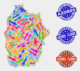Vector handmade collage of Flores Island of Azores map and rubber seals. Mosaic Flores Island of Azores map is designed with random bright colorful hands. Rounded seals with corroded rubber texture.