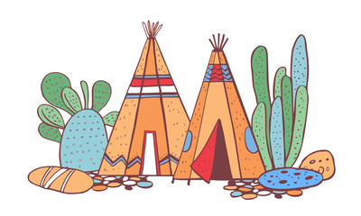 Native American indians traditional village. Two wigwams and cactuses. Vector color hand drawn outline doodle sketch illustration © Alexandra