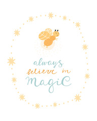 Magical Cute hand drawn nursery poster with animal character Glowworm (firefly) and lettering. In Scandinavian style - 275136104