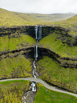 Aerial view of Fossa double-tiered waterfall, Faroe Islands