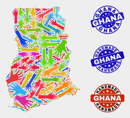 Vector handmade combination of Ghana map and unclean stamps. Mosaic Ghana map is made with randomized bright colored hands. Rounded watermarks with unclean rubber texture.