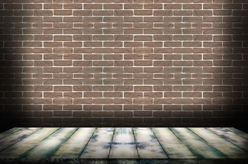 Vintage wooden board in perspective, against a background of a brick wall. The template can be used to display your products and advertisements.