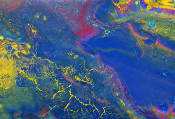 Naklejka na ściany i meble photography of abstract marbleized effect background. yellow, blue, purple and red creative colors. Beautiful paint