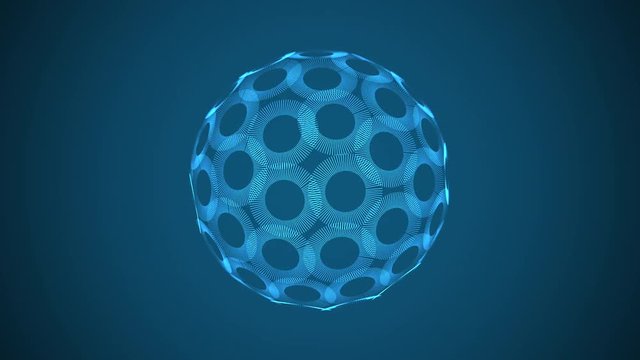 A futuristic electric blue globe spinning and changing pattern fast on a blue background