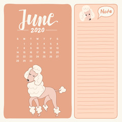 2020 Calendar template with little puppy  character : Vector Illustration