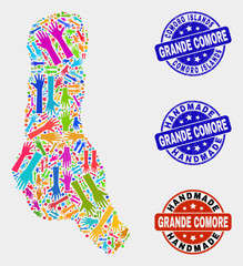 Vector handmade composition of Grande Comore Island map and rubber stamps. Mosaic Grande Comore Island map is constructed with randomized bright colored hands.