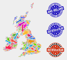 Vector handmade collage of Great Britain and Ireland map and textured stamps. Mosaic Great Britain and Ireland map is organized of scattered bright colorful hands.