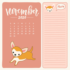 2020 Calendar template with little puppy  character : Vector Illustration
