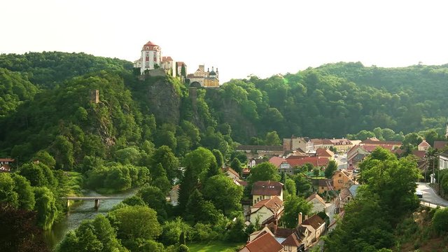Vranov castle panorama above the small village. Castle in barowue style is builded on rock above Vranov nad Dyji village.
