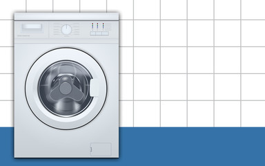 Washing machine front loading in empty laundry room background. Front view, close-up, closed door. 3d realistic vector