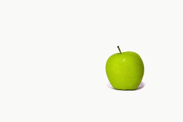 apple with measuring tape isolated on white background. Green dumbbells and green apples with measuring tape and copy space on old white background. Sport, fitness and diet concept. Top view