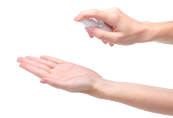 Fototapeta na wymiar Antibacterial spray for hands antiseptic on white background isolation