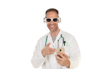 Handsome doctor with sunglasses listening music with headphones