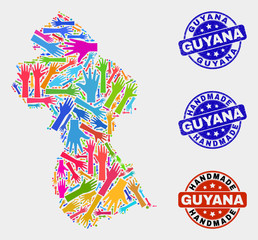 Vector handmade composition of Guyana map and unclean stamps. Mosaic Guyana map is composed of random bright colored hands. Rounded watermarks with unclean rubber texture.