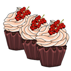 Illustration of a cupcakes decorate with chocolate cream and bunch of red currants, isolated on a white background.
