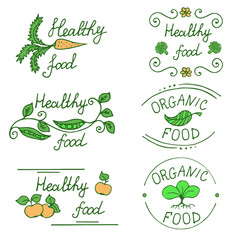 Icons for healthy food and organic products drawn by hand. Set of labels for the food market.