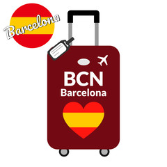 Luggage with airport station code IATA or location identifier and destination city name Barcelona, BCN. Travel to Spain, Europe concept. Heart shaped flag of the Spain on baggage.