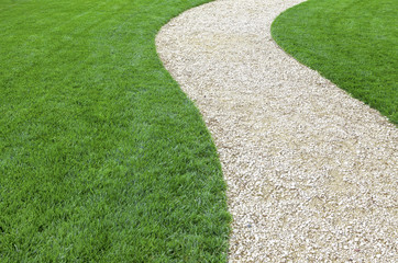 Curved garden stone path with fresh green cultivated lawn in summer 