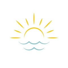 Fototapeta na wymiar Dawn on sea. Sun icon. Travel agency emblem concept, vector logo template.