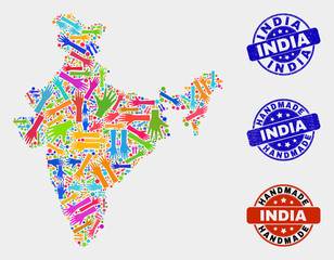 Vector handmade combination of India map and textured stamp seals. Mosaic India map is created with random bright colorful hands. Rounded seals with distress rubber texture.