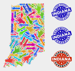 Vector handmade collage of Indiana State map and grunge stamp seals. Mosaic Indiana State map is designed with randomized bright colorful hands. Rounded seals with scratched rubber texture.
