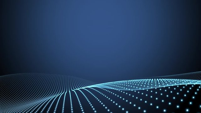 A futuristic wave of coloured blue dots changing shape against a dark blue background