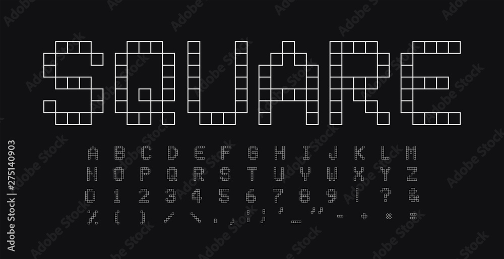 Poster Square shapes letters and numbers set. Geometrical simple linear style vector latin alphabet. Font for events, promotions, logos, banner, monogram and poster. Typography design.