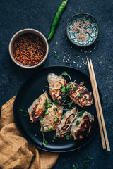Crispy potstickers with chili oil