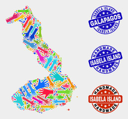 Vector handmade collage of Isabela Island of Galapagos map and rubber stamp seals. Mosaic Isabela Island of Galapagos map is composed from randomized bright colored hands.