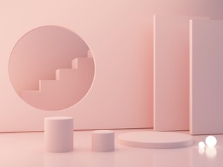 3d render. Minimal scene with podiums to show a product. Pink pastel colors scene with geometrical forms and pink cylinder podium. platforms and stair in background. Elegant, trendy scene with lights.