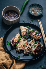 Crispy potstickers with chili oil