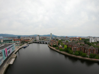 aerial view on river and bridge in belfast northern ireland. beautiful landscape by city view from above