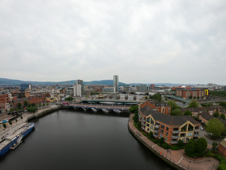 Fototapeta premium aerial view on river and bridge in belfast northern ireland. beautiful landscape by city view from above