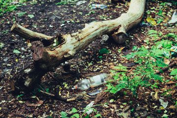 Garbage pile in forest among plants. Toxic plastic into nature everywhere. Rubbish heap in park...