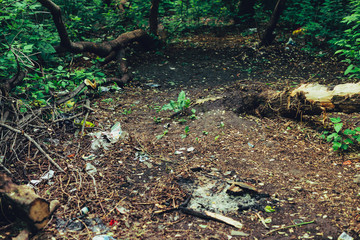 Garbage pile in forest among plants. Toxic plastic into nature everywhere. Rubbish heap in park among vegetation. Contaminated soil. Environmental pollution. Ecological issue. Throw trash anywhere.
