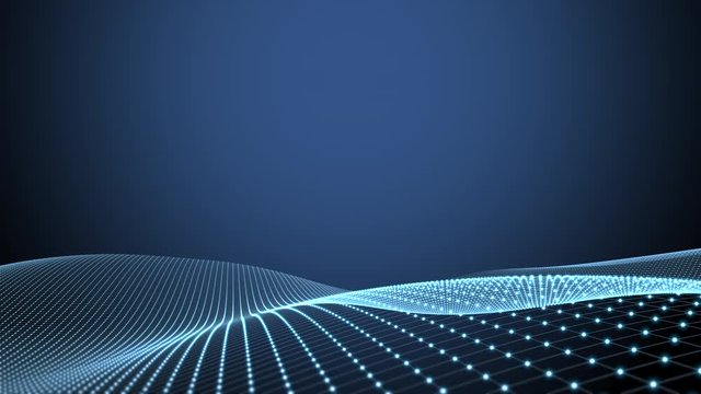 A futuristic wave of coloured blue dots and matrix lines changing shape against a dark blue background