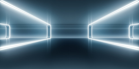 Futuristic empty space corridor with glow light and reflection. Abstract background sci-fi or science concept. 3D Render.