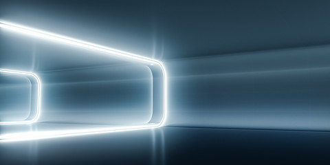 Futuristic empty space corridor with glow light and reflection. Abstract background sci-fi or science concept. 3D Render.