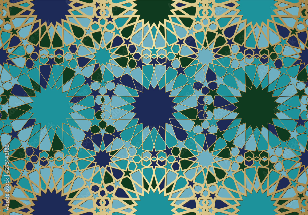 Wall mural abstract background with islamic ornament, arabic geometric texture. golden lined tiled motif.