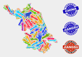 Vector handmade collage of Jiangsu Province map and rubber stamps. Mosaic Jiangsu Province map is designed with randomized bright colorful hands. Rounded seals with corroded rubber texture.