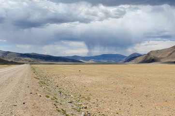 Fototapeta na wymiar Western Mongolia steppe landscape. Dirt road and rain ahead. Outskirts Tsagaannuur, Bayan-Ulgii Province, Mongolia.