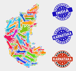Vector handmade combination of Karnataka State map and scratched stamp seals. Mosaic Karnataka State map is created with random bright colored hands.