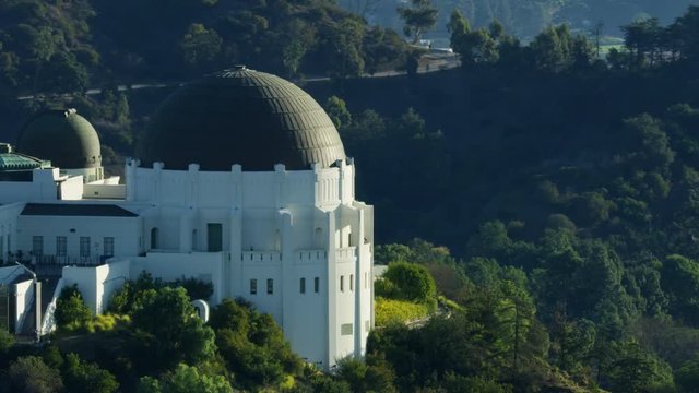 Aerial sunrise view Griffith Park observatory Los Angeles